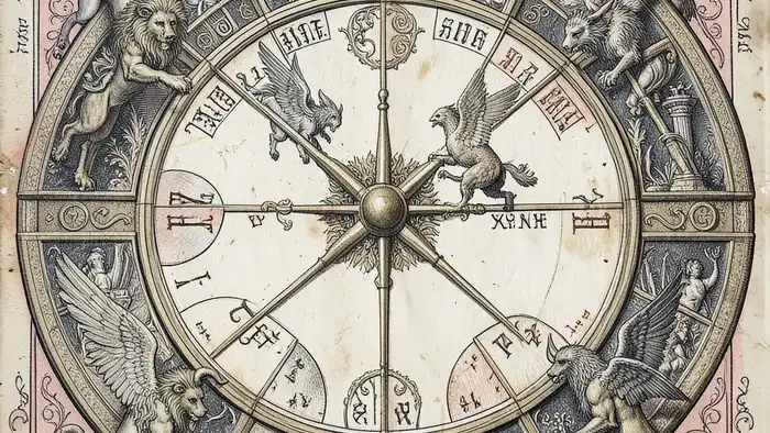 Аркан Колесо Фортуны — карта с четырьмя существами, символизирующими стихии и циклы жизни