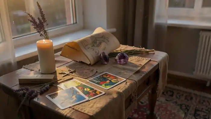атмосфера для расклада Таро — уютное, настроенное пространство с символами ритуала