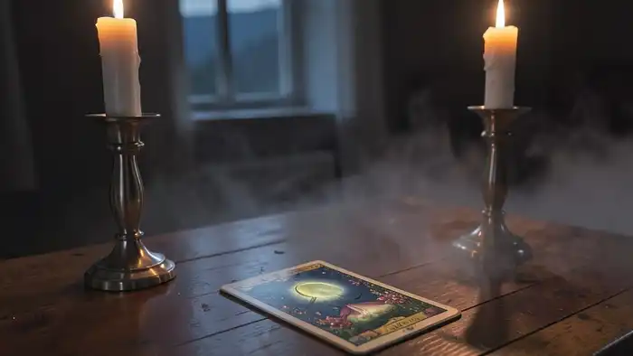 атмосфера для расклада Таро — тихая, спокойная комната с колодой и свечами