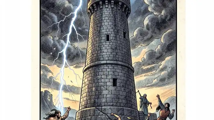 Башня личность таро — изображение карты Башни с молнией и падающим�� фигурами