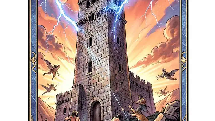 Башня Таро – изображение разрушенной башни с молнией и рассветом