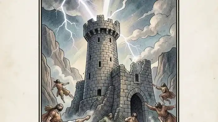 Башня в работе таро — изображение карты Башня с молнией и падающими фигурами