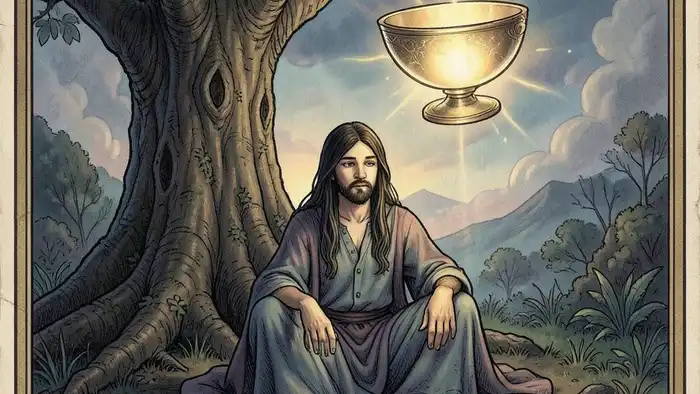 Четверка Кубков — изображение карты Таро с фигурой под деревом и четырьмя чашами