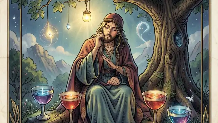 Четверка Кубков — иллюстрация карты Таро с фигурой под деревом и четырьмя чашами