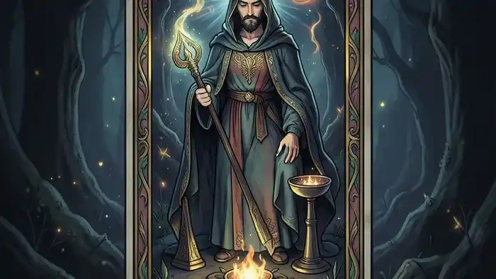 Четверка Кубков да или нет таро - человек в раздумьях под деревом, игнорирующий предложенный кубок