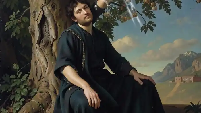 Четверка Кубков Таро: человек игнорирует доступную эмоциональную поддержку, сидя среди кубков с водой