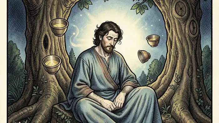 Четверка Кубков значение таро – изображение карты с фигурой под деревом и падающей чашей