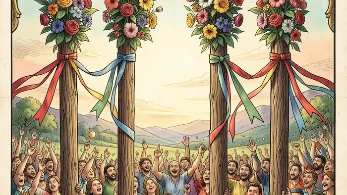 Четверка Жезлов — изображение карты Таро с праздничной сценой