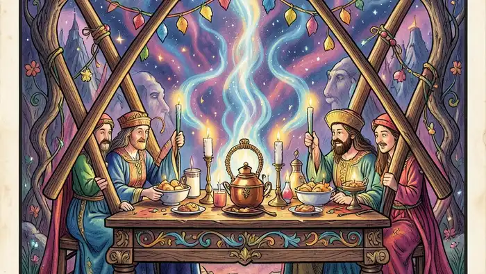 Четверка Жезлов мысли таро — изображение карты с четырьмя жезлами