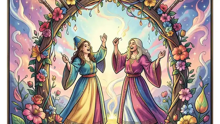 Четверка Жезлов в отношениях таро иллюстрация празднования под аркой жезлов