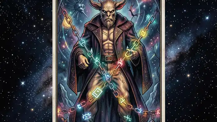 Дьявол мысли таро – карта с цепями из символов, отражающая ментальные оковы