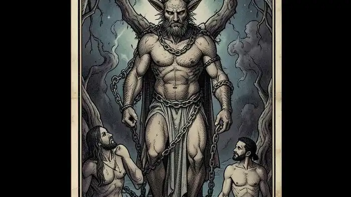 Дьявол Таро – изображение карты с рогами, цепями и двумя фигурками