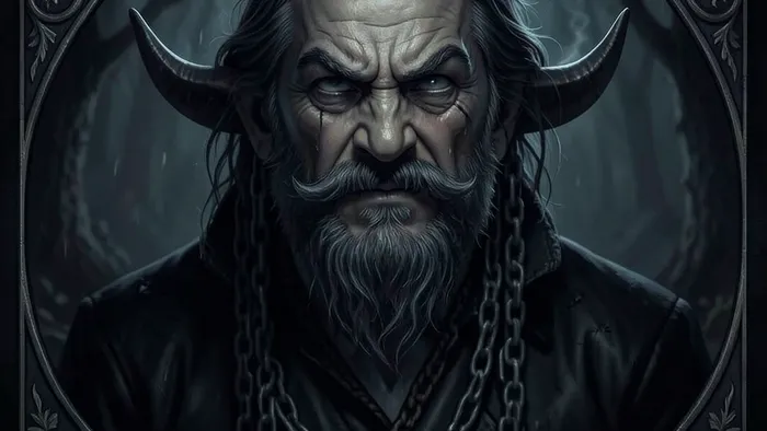 Дьявол Таро — аркан зависимости и внутренних оков. Изображение Бафомета и двух фигур со свободными цепями.