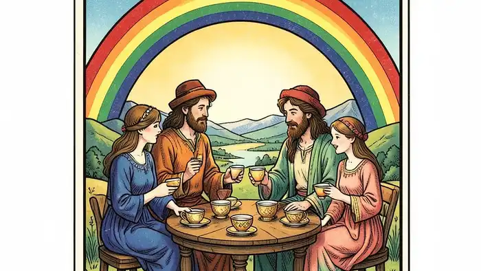 Десятка Кубков — карта Таро с семьей под радугой