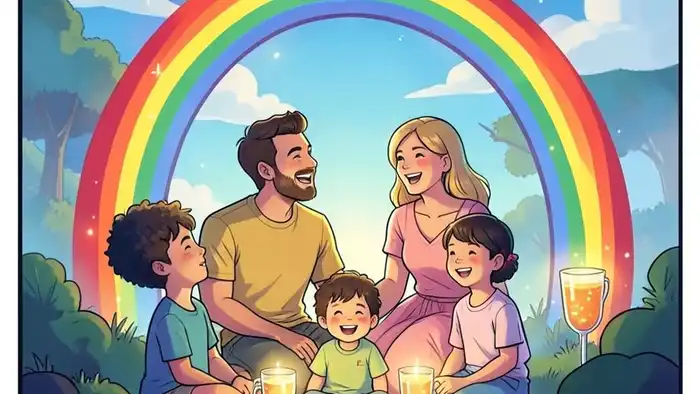 Десятка Кубков карта дня таро — изображение счастливой семьи под радугой