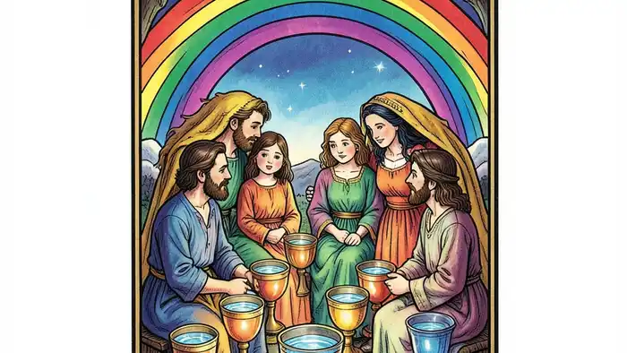 Десятка Кубков Таро — изображение карты с семьёй под радугой