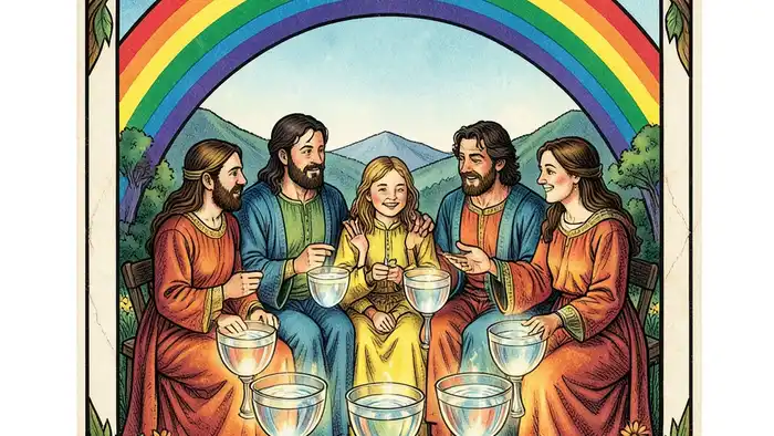 Десятка Кубков Таро иллюстрация с семьёй под радугой и чашами