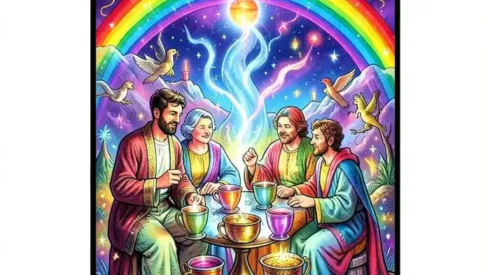 Десятка Кубков изображение карты Таро с семьёй под радугой и десятью кубками