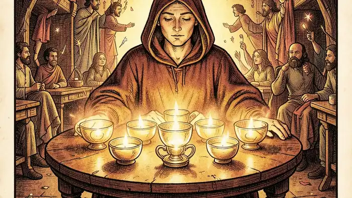 Девятка Кубков мысли таро — иллюстрация карты с девятью светящимися кубками