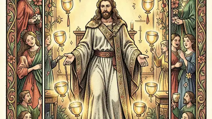 Девятка Кубков мысли таро — изображение карты с девятью светящимися кубками