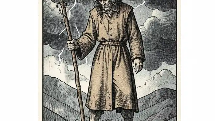 Девятка Жезнов на любовь таро — изображение карты с воином на скале