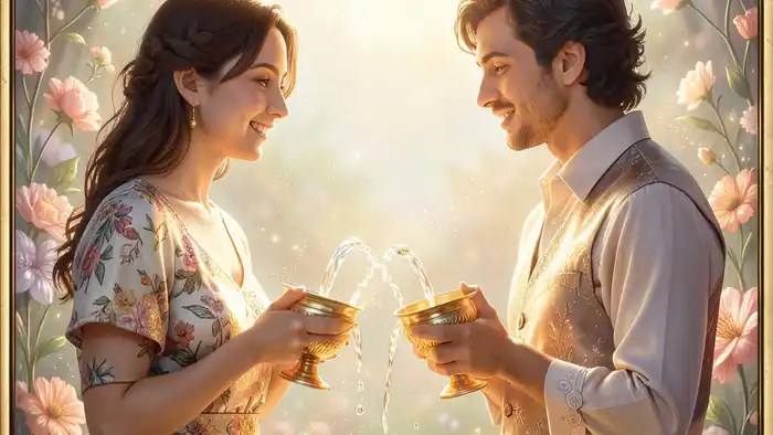 Двойка Кубков — карта Таро с двумя людьми, переливающими воду между кубками