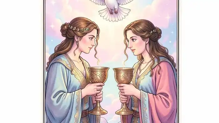 Двойка Кубков — изображение карты Таро с двумя фигурами и чашами