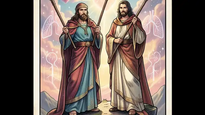 Двойка Жезлов на здоровье – изображение карты с медицинскими символами