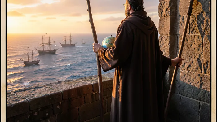 Двойка Жезлов Таро: человек на крепостной стене с жезлом и глобусом смотрит на море с кораблями, символ выбора и перспектив