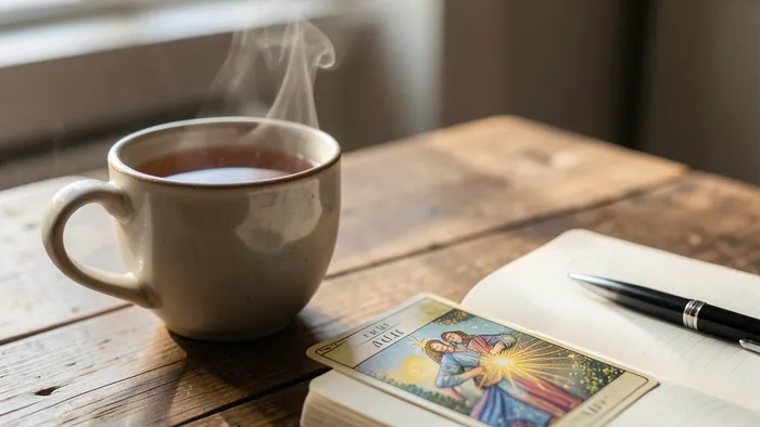 Ежедневный расклад Таро: карта Звезда на столе рядом с дневником и чашкой чая