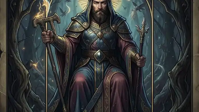 Аркан Император Таро — детальное изображение властной фигуры на троне в горах, символ порядка и структуры