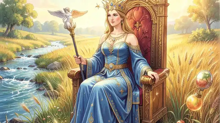 Императрица Таро — архетип творения и изобилия, сидящая на троне в цветущем пшеничном поле