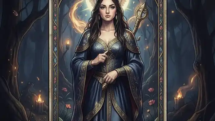 Архетип Императрицы Таро в виде величественной женщины на троне в цветущем саду, символ творения и изобилия