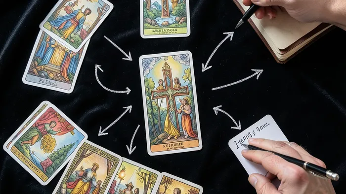 Как не запутаться в раскладе Таро: сложный расклад Кельтский крест с пометками и стрелками, показывающими связи между картами на тёмном фоне.