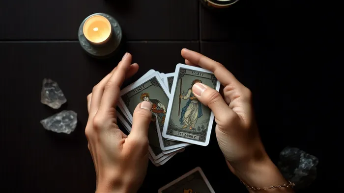 Подготовка к раскладу Таро: руки тасуют карты на столе со свечой и кристаллом кварца