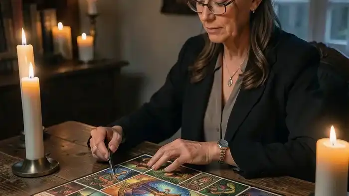 как выбрать таролога — изображение профессионального таролога за раскладом Кельтского креста