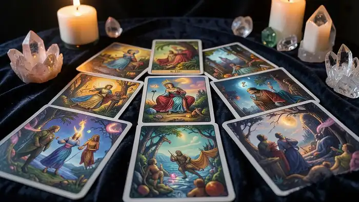 Карта подсознания в раскладе — зеркало тени с картами Таро: Повешенный, Луна, Смерть, Дьявол