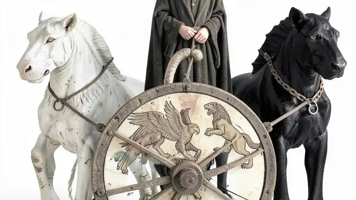 Колесница архетип таро: белый и чёрный сфинксы, колесо с четырьмя символами и водитель