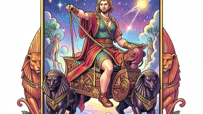 Колесница действия таро — изображение карты Таро с всадником и сфинксами