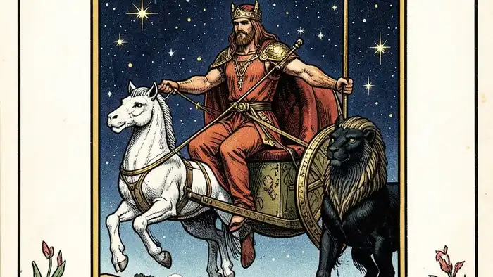 Колесница Таро изображение: воин в колеснице с сфинксами, символ победы и движения