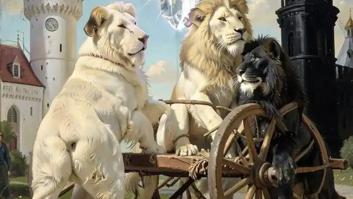 Колесница мысли таро — архетип управления внутренними противоречиями с двумя львами, башнями и кристаллом