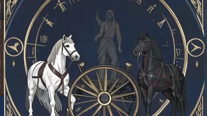 Колесница на деньги Таро — архетип VII Аркана с белым и тёмным конями, символизирующий баланс между страхом и волей в финансовом потоке