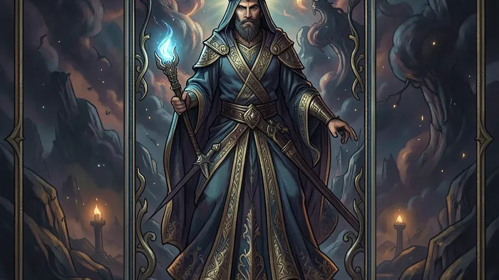 Колесница Таро: Возничий управляет колесницей, запряженной черным и белым сфинксами, под звездным небом.