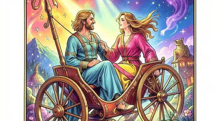 Колесница в отношениях таро – иллюстрация карты с парой в колесе