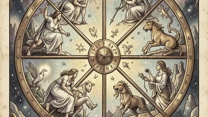 Колесо Фортуны таро иллюстрация, символика колеса и фигур