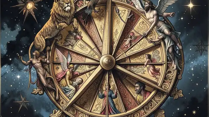 Колесо Фортуны таро — архетип цикличности, с львом, орлом, ангелом и скримером