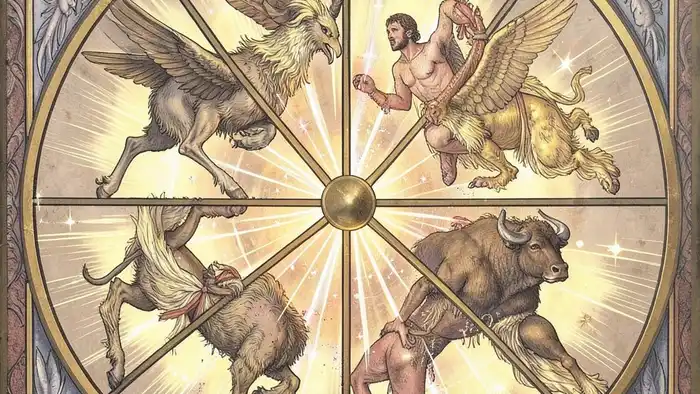 Колесо Фортуны толкование таро — архетип цикличности с четырьмя символами и звёздным фоном