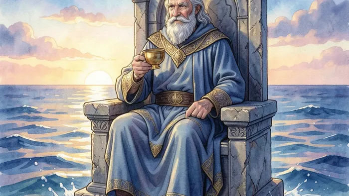 Король Кубков Таро — мудрый правитель на троне посреди моря, держащий чашу, символ эмоциональной глубины и контроля.