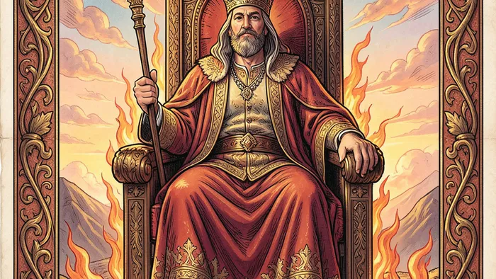 Король Жезлов карта дня таро — изображение огненного лидера с жезлом на троне