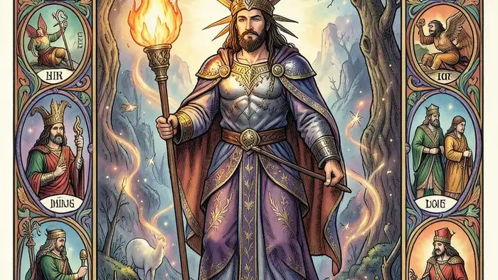 Король Жезлов — изображение карты Таро с ярким жезлом и символикой остальных мастей